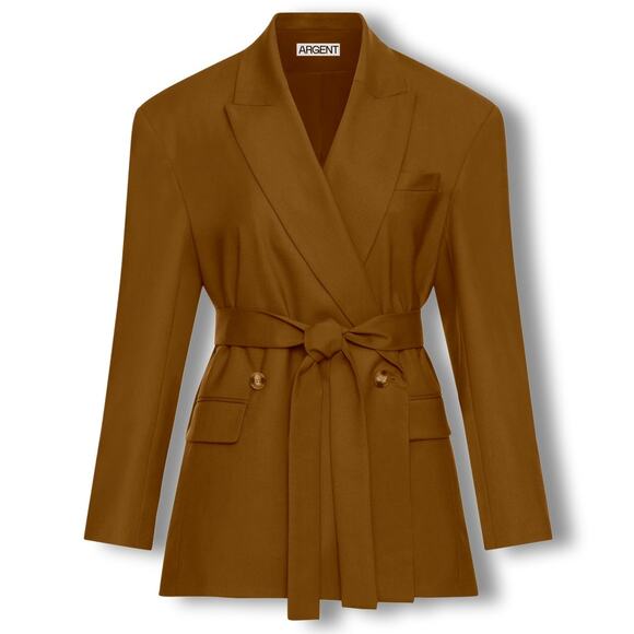 ARGENT Belted Double Breasted Blazer in Seasonless Wool Camel Tan Sz 0 {3B46} - Picture 2 of 5